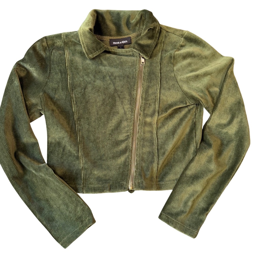 Moon‎ & Stars Girls Olive Green Corduroy Moto Jacket Size 12 Asymmetrical Zip